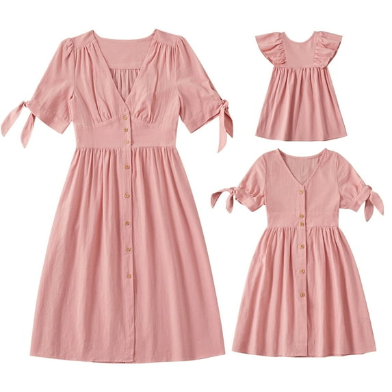 IBTOM CASTLE Mommy and Me Matching Dresses Ruffled Midi Dress Summer Solid Color Stripe Mom Daughter Matching Outfits 4-5 Years Pink