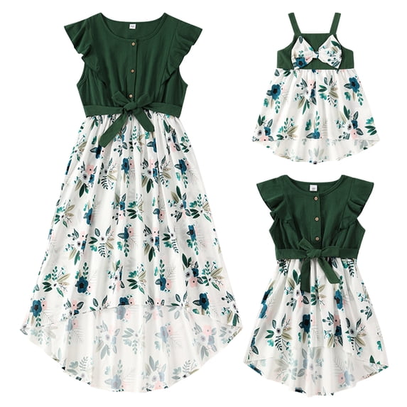 IBTOM CASTLE Mommy and Me Matching Dresses Ruffled Midi Dress Summer Solid Color Stripe Mom Daughter Matching Outfits 6-7 Years Green Flower