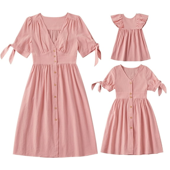 IBTOM CASTLE Mommy and Me Matching Dresses Ruffled Midi Dress Summer Solid Color Stripe Mom Daughter Matching Outfits 6-9 Months Pink