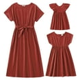 thumbnail image 1 of IBTOM CASTLE Mommy and Me Matching Dresses Ruffled Midi Dress Summer Solid Color Stripe Mom Daughter Matching Outfits 6-9 Months Wine Red, 1 of 8