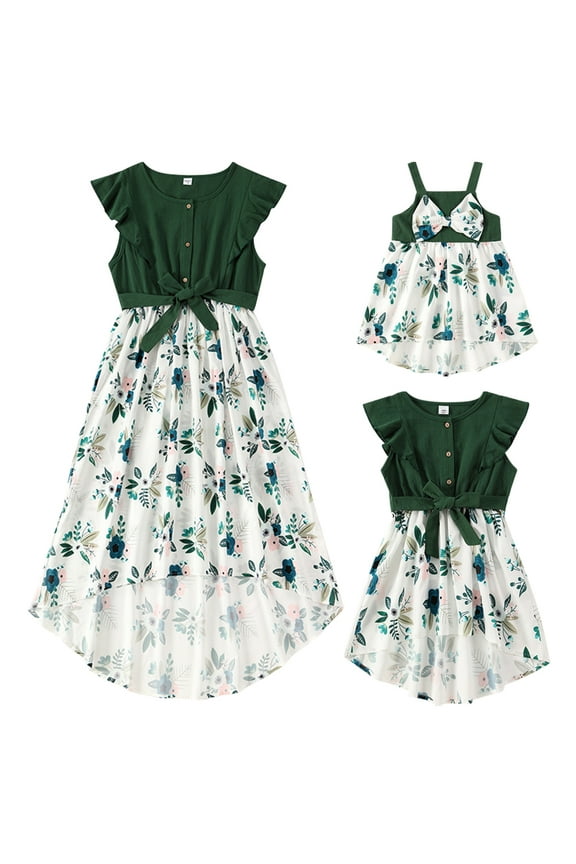 Mommy and Me Matching Dresses Ruffled Midi Dress Summer Solid Color Stripe Mom Daughter Matching Outfits M Green Flower