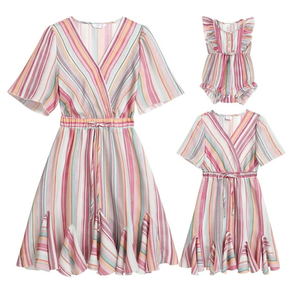 IBTOM CASTLE Mommy and Me Matching Dresses Ruffled Midi Dress Summer Solid Color Stripe Mom Daughter Matching Outfits S Colorful Stripes