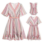 IBTOM CASTLE Mommy and Me Matching Dresses Ruffled Midi Dress Summer Solid Color Stripe Mom Daughter Matching Outfits XL Colorful Stripes