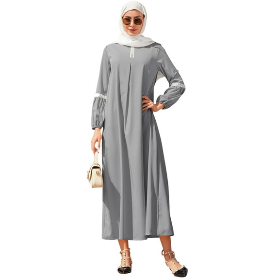 IBTOM CASTLE Muslim Abaya Dress for Women Casual Sequin Sundress Solid Dubai Kaftan Robe Party Long Sleeve Islamic Prayer Clothing L Gray