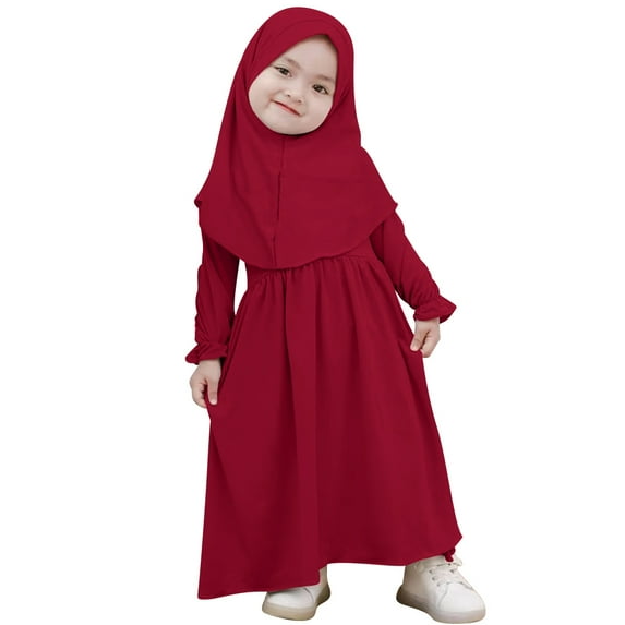 IBTOM CASTLE Muslim Baby Girls Abaya Dress with Hijab 2PCS Toddler Kids Girl Islamic Ramadan Dresses Casual Robe Prayer Clothes Set 2-3 Years Wine Red