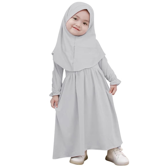 IBTOM CASTLE Muslim Baby Girls Abaya Dress with Hijab 2PCS Toddler Kids Girl Islamic Ramadan Dresses Casual Robe Prayer Clothes Set 18-24 Months Gray