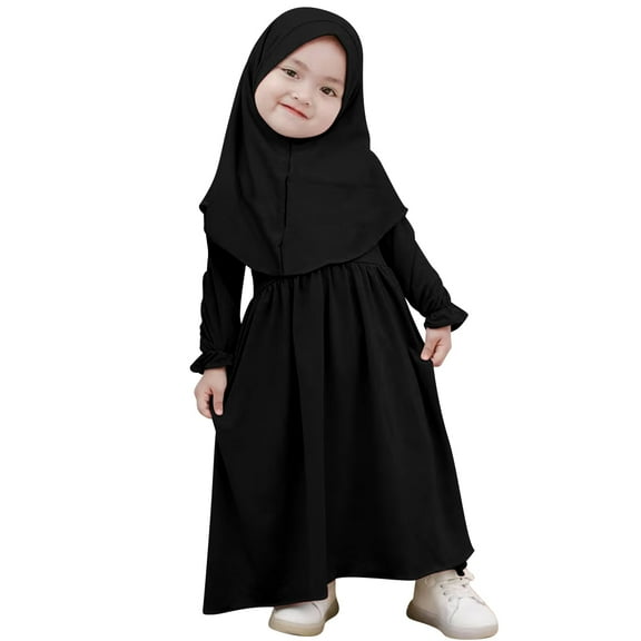 IBTOM CASTLE Muslim Baby Girls Abaya Dress with Hijab 2PCS Toddler Kids Girl Islamic Ramadan Dresses Casual Robe Prayer Clothes Set 2-3 Years Black
