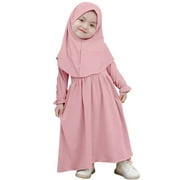 IBTOM CASTLE Muslim Baby Girls Abaya Dress with Hijab 2PCS Toddler Kids Girl Islamic Ramadan Dresses Casual Robe Prayer Clothes Set 2-3 Years Pink