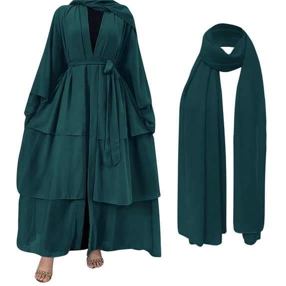 IBTOM CASTLE Muslim Chiffon Abaya for Women Open Front Cardigan Modest Dress with Hijab Scarf Middle East Arabian Robe Islamic Long Dress M Dark Green