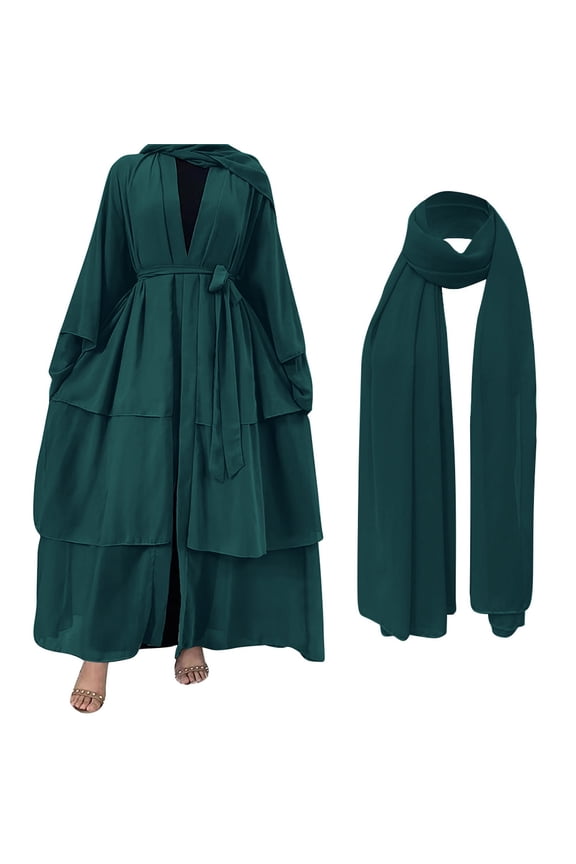 Muslim Chiffon Abaya for Women Open Front Cardigan Modest Dress with Hijab Scarf Middle East Arabian Robe Islamic Long Dress M Dark Green