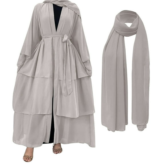 IBTOM CASTLE Muslim Chiffon Abaya for Women Open Front Cardigan Modest Dress with Hijab Scarf Middle East Arabian Robe Islamic Long Dress S Light Gray