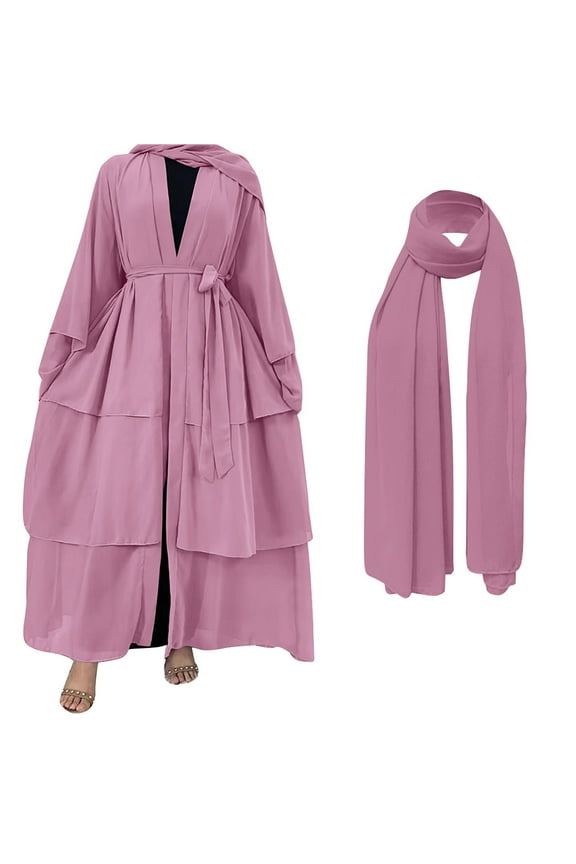 Muslim Chiffon Abaya for Women Open Front Cardigan Modest Dress with Hijab Scarf Middle East Arabian Robe Islamic Long Dress XL Rose Pink