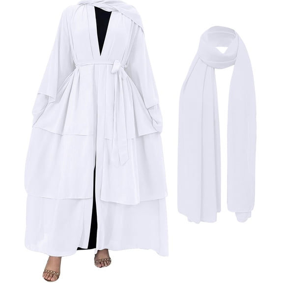 IBTOM CASTLE Muslim Chiffon Abaya for Women Open Front Cardigan Modest Dress with Hijab Scarf Middle East Arabian Robe Islamic Long Dress XL White