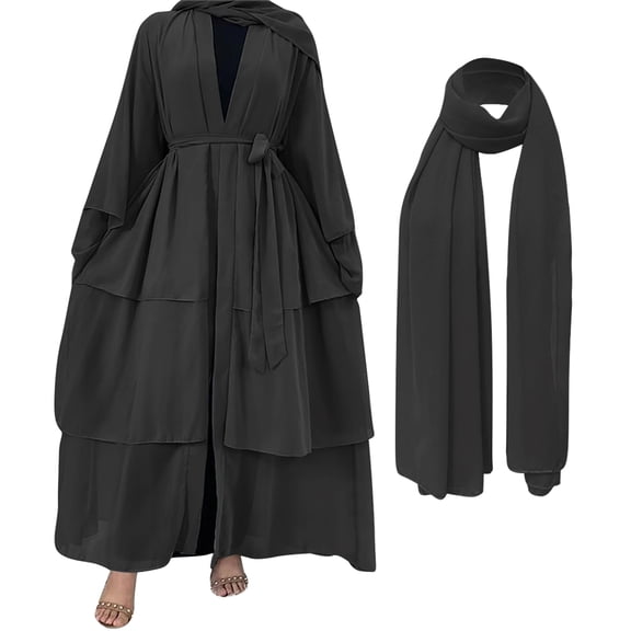 IBTOM CASTLE Muslim Chiffon Abaya for Women Open Front Cardigan Modest Dress with Hijab Scarf Middle East Arabian Robe Islamic Long Dress XXL Black