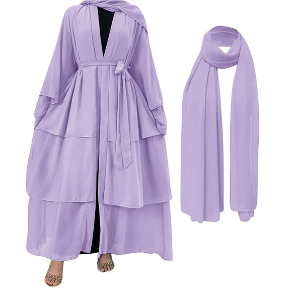 IBTOM CASTLE Muslim Chiffon Abaya for Women Open Front Cardigan Modest Dress with Hijab Scarf Middle East Arabian Robe Islamic Long Dress XXL Purple