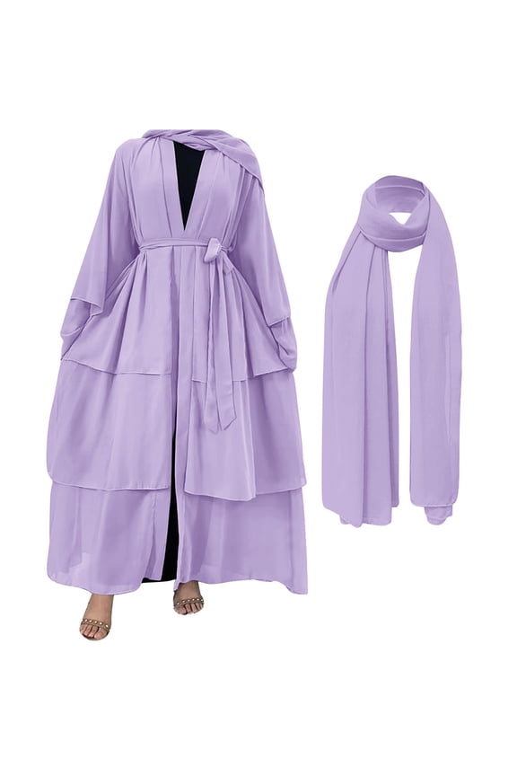 Muslim Chiffon Abaya for Women Open Front Cardigan Modest Dress with Hijab Scarf Middle East Arabian Robe Islamic Long Dress XXL Purple