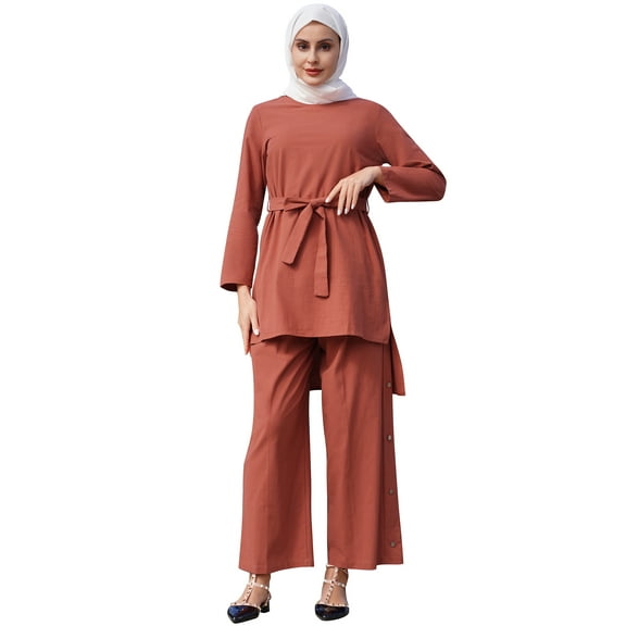 IBTOM CASTLE Muslim Clothes for Women Arabic Long Sleeve Loose Ramadan Tracksuit Islamic Clothing Blouse Wide Leg Pant Suits XXL Brick Red