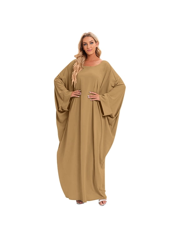 Muslim Dresses for Women, Long Sleeve Eid Islamic Prayer Jilbab Khimar Cardi Robe Middle East Maxi Abaya Dress Khaki