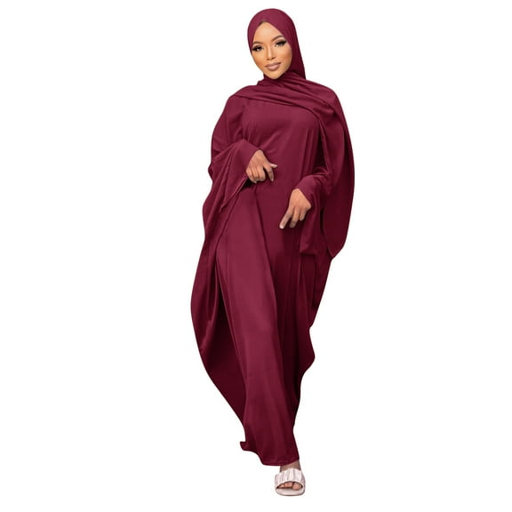 IBTOM CASTLE Muslim Dresses for Women, Long Sleeve Eid Islamic Prayer Jilbab Khimar Cardi Robe Middle East Maxi Abaya Dress Wine Red&hijab