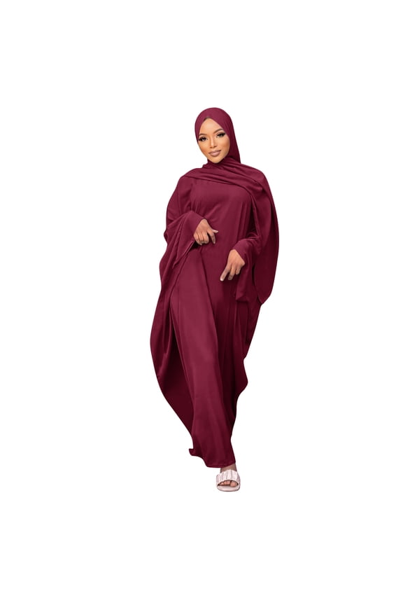 Muslim Dresses for Women, Long Sleeve Eid Islamic Prayer Jilbab Khimar Cardi Robe Middle East Maxi Abaya Dress Wine Red&hijab