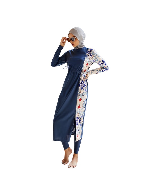 Muslim Swimsuits for Women Modest Islamic Arabic Swimwear Burkini Full Cover Hijab Top Pants Swimming Cap Bathing Suits L Dark Blue Floral