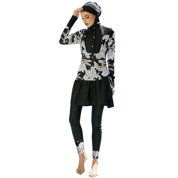 IBTOM CASTLE Muslim Swimsuits for Women Modest Islamic Arabic Swimwear Burkini Full Cover Hijab Top Pants Swimming Cap Bathing Suits S Black Floral - Button
