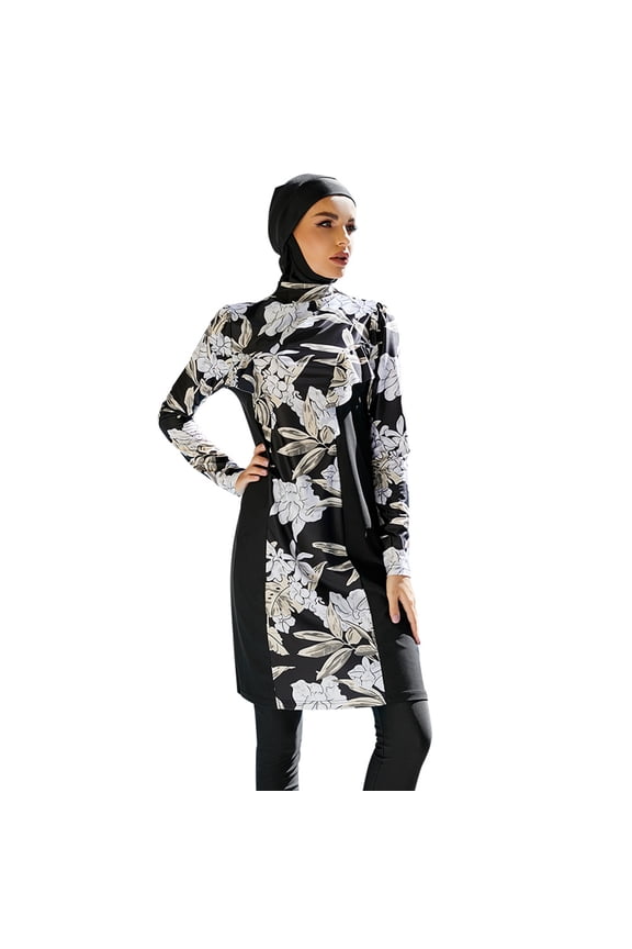 Muslim Swimsuits for Women Modest Islamic Arabic Swimwear Burkini Full Cover Hijab Top Pants Swimming Cap Bathing Suits S Black Floral - Long