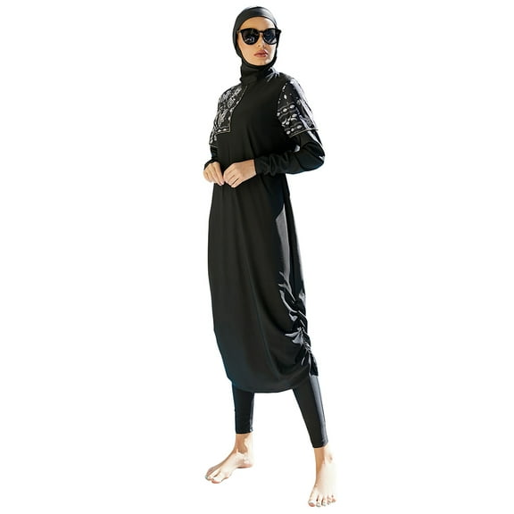 IBTOM CASTLE Muslim Swimsuits for Women Modest Islamic Arabic Swimwear Burkini Full Cover Hijab Top Pants Swimming Cap Bathing Suits XL Black - Ruched Hem
