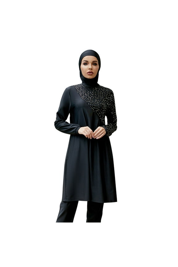 Muslim Swimsuits for Women Modest Islamic Arabic Swimwear Burkini Full Cover Hijab Top Pants Swimming Cap Bathing Suits XL Black Dots