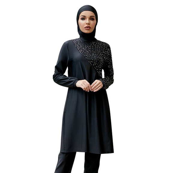 IBTOM CASTLE Muslim Swimsuits for Women Modest Islamic Arabic Swimwear Burkini Full Cover Hijab Top Pants Swimming Cap Bathing Suits XL Black Dots