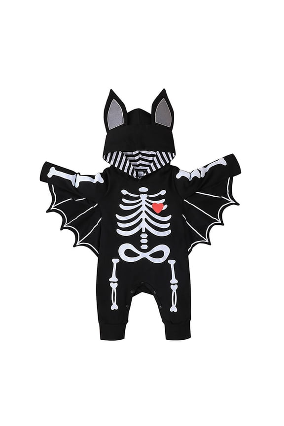 Newborn Baby Bat Costume Halloween Cosplay Cloak Romper with Wings Ears Hoodie My First Halloween Outfit for Boy Girl 18-24 Months Black Skull