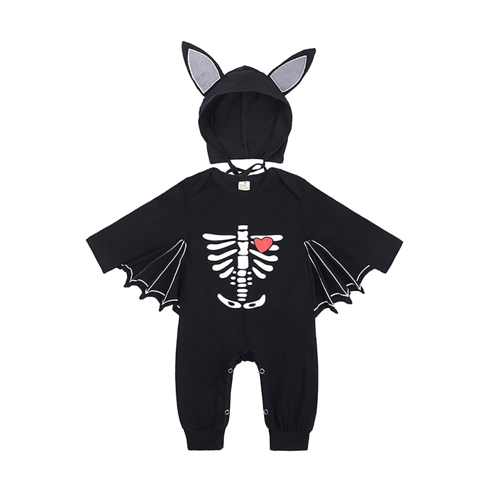 IBTOM CASTLE Newborn Baby Bat Costume Halloween Cosplay Cloak Romper with Wings Ears Hoodie My First Halloween Outfit for Boy Girl 12-18 Months Black Skull Heart