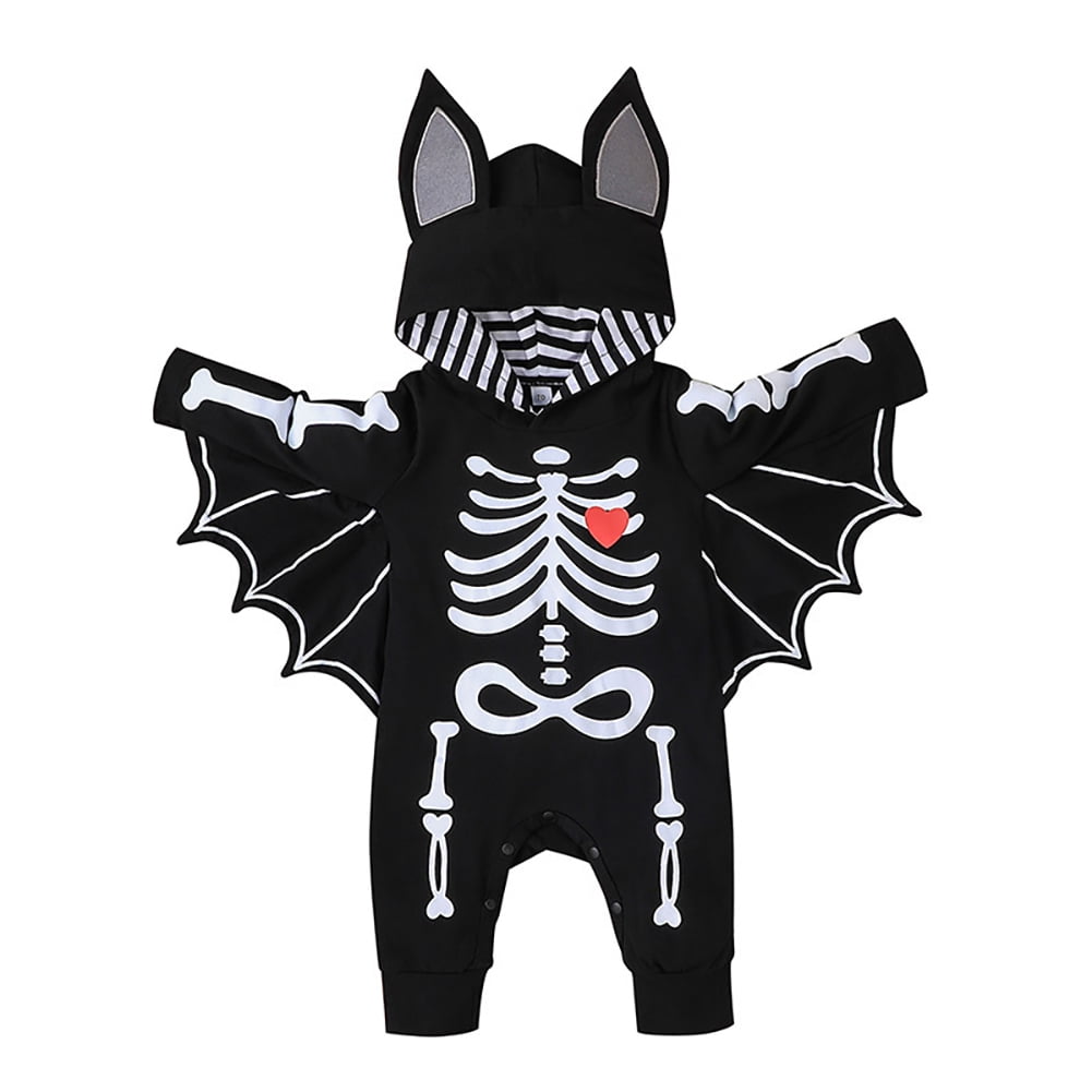 IBTOM CASTLE Newborn Baby Bat Costume Halloween Cosplay Cloak Romper with Wings Ears Hoodie My First Halloween Outfit for Boy Girl 6-12 Months Black Skull
