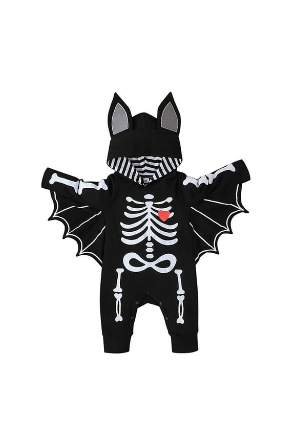 Newborn Baby Bat Costume Halloween Cosplay Cloak Romper with Wings Ears Hoodie My First Halloween Outfit for Boy Girl 6-12 Months Black Skull
