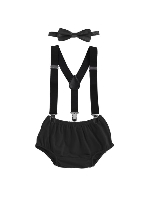 Newborn Baby Boy First Birthday Outfit Bloomers Diaper Cover Pants + Suspenders + Bow Tie Casual Clothes Set for Cake Smash