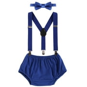 IBTOM CASTLE Newborn Baby Boy First Birthday Outfit Bloomers Diaper Cover Pants + Suspenders + Bow Tie Casual Clothes Set for Cake Smash