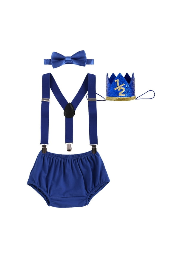 Newborn Baby Boy Half Birthday Cake Smash Outfit Diaper Cover+Suspenders+Bow Tie+Crown Baby Shower Photography Clothes Set 6-12 Months Royal Blue
