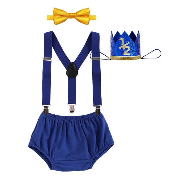 IBTOM CASTLE Newborn Baby Boy Half Birthday Cake Smash Outfit Diaper Cover Suspenders Bow Tie Crown Baby Shower Photography Clothes Set 6-12 Months Royal Blue Yellow Bowtie