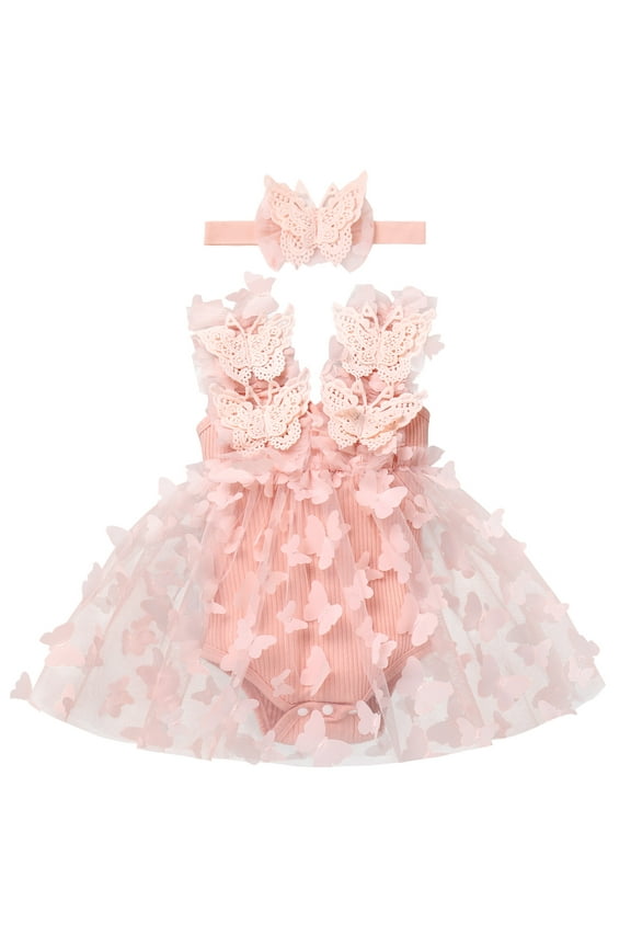 Newborn Baby Girl 1st Birthday Outfit Butterfly Lace Tulle Romper Dress with Headband Cake Smash Photo Shoot