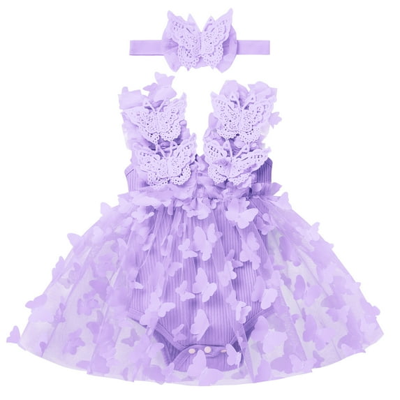 IBTOM CASTLE Newborn Baby Girl 1st Birthday Outfit Butterfly Lace Tulle Romper Dress with Headband Cake Smash Photo Shoot