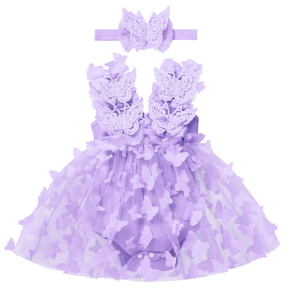 IBTOM CASTLE Newborn Baby Girl 1st Birthday Outfit Butterfly Lace Tulle Romper Dress with Headband Cake Smash Photo Shoot