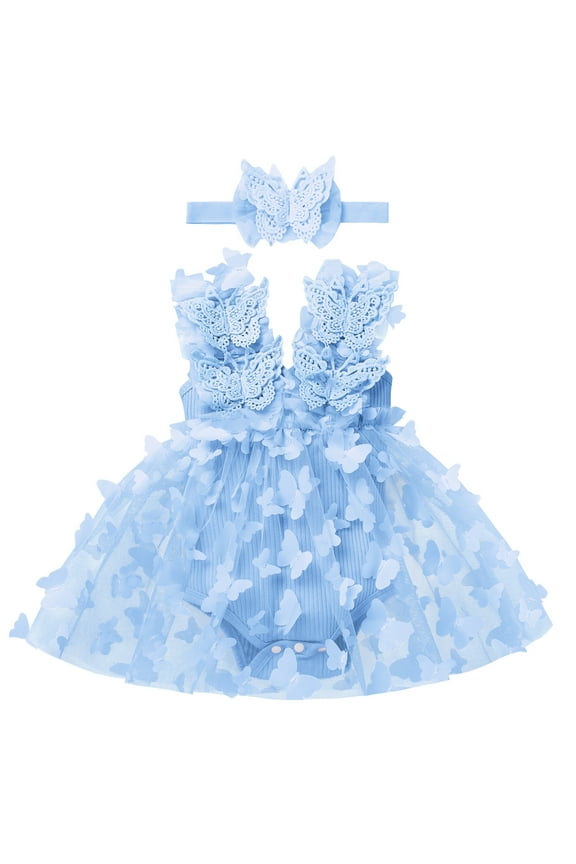 Newborn Baby Girl 1st Birthday Outfit Butterfly Lace Tulle Romper Dress with Headband Cake Smash Photo Shoot