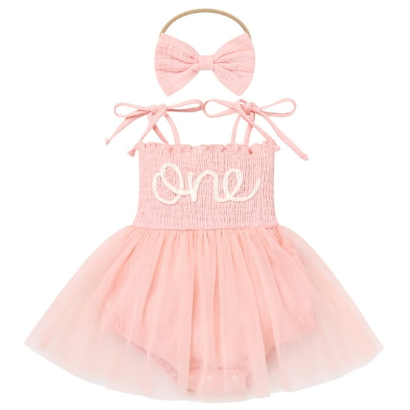 IBTOM CASTLE Newborn Baby Girl 1st Birthday Outfit Lace Tulle Bodysuit with Floral Headband Cake Smash Photo Props 12-18 Months Pink