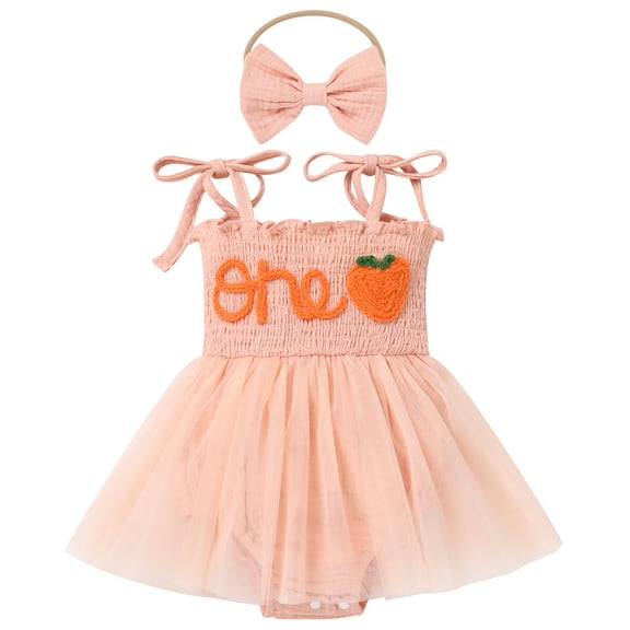 IBTOM CASTLE Newborn Baby Girl 1st Birthday Outfit Lace Tulle Bodysuit with Floral Headband Cake Smash Photo Props 12-18 Months Peach Pink - Orange