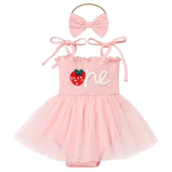 IBTOM CASTLE Newborn Baby Girl 1st Birthday Outfit Lace Tulle Bodysuit with Floral Headband Cake Smash Photo Props 12-18 Months Pink - Strawberry