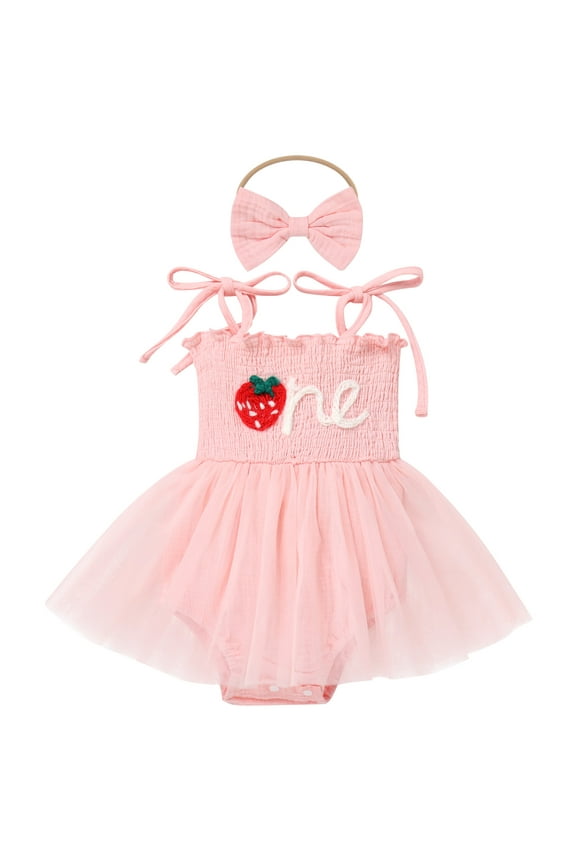 Newborn Baby Girl 1st Birthday Outfit Lace Tulle Bodysuit with Floral Headband Cake Smash Photo Props 12-18 Months Pink - Strawberry