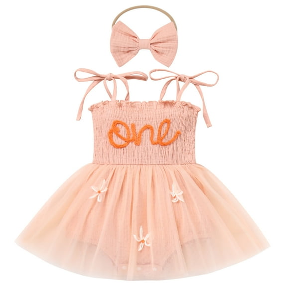 IBTOM CASTLE Newborn Baby Girl 1st Birthday Outfit Lace Tulle Bodysuit with Floral Headband Cake Smash Photo Props 6-12 Months Peach Pink - Floral