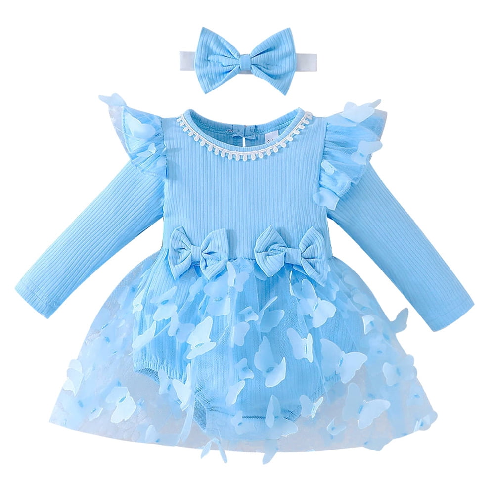 IBTOM CASTLE Newborn Baby Girls Butterfly Tutu Dress Long Sleeve Romper Tutu Skirt + Headband 2PCS Winter Fall Clothes 0-3 Months Blue