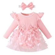 IBTOM CASTLE Newborn Baby Girls Butterfly Tutu Dress Long Sleeve Romper Tutu Skirt + Headband 2PCS Winter Fall Clothes 0-3 Months Pink
