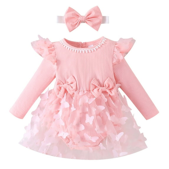 IBTOM CASTLE Newborn Baby Girls Butterfly Tutu Dress Long Sleeve Romper Tutu Skirt + Headband 2PCS Winter Fall Clothes 0-3 Months Pink